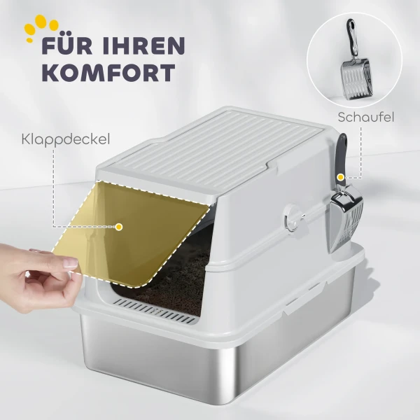 Kattenbak, roestvrij staal, xl binnenruimte, met schep, lichtgrijs 8