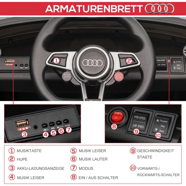 Kinder elektrische auto audi, met 2,4g afstandsbediening, muziek, claxon, led, usb, voor kinderen 3 5 jaar, zwart 8