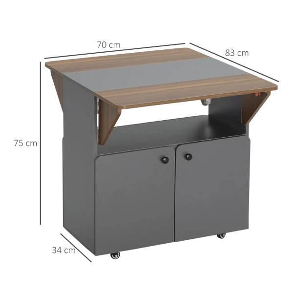 Klaptafel rolkast, twee opklapbare tafelzijden, kastvak, 4 wielen, lichtgrijs+donkerbruin, 70 x 83 x 75cm 4
