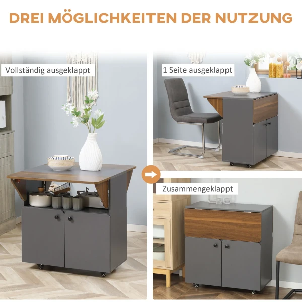 Klaptafel rolkast, twee opklapbare tafelzijden, kastvak, 4 wielen, lichtgrijs+donkerbruin, 70 x 83 x 75cm 5