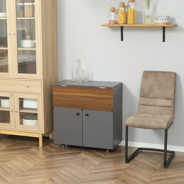Klaptafel rolkast, twee opklapbare tafelzijden, kastvak, 4 wielen, lichtgrijs+donkerbruin, 70 x 83 x 75cm 9