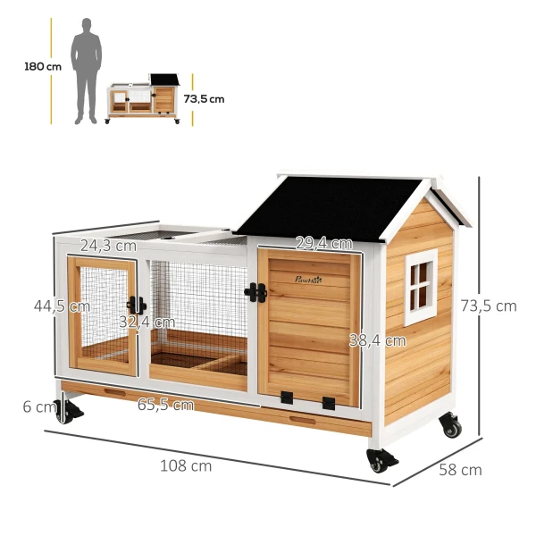 Kleindierenhok voor dwergkonijnen, cavia's, met wielen, 108 x 58 x 73,5 cm, geel 4
