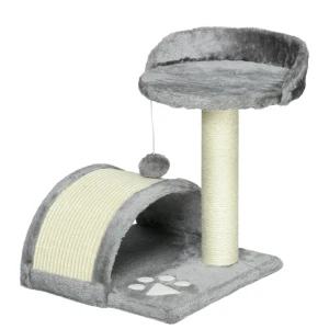 Krabpaal klein 46 cm, kattenboom met speelballen, krabplaat, sisal touw, pluche, kattenkrabpaal met verhoogd platform, hol, voor katten, grijs 1