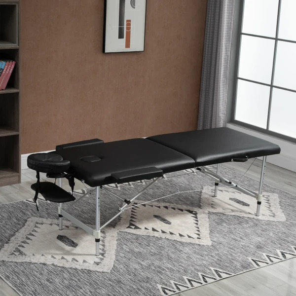 Massagetafel, 2 zones inklapbare massagetafel met kunstleren hoes, hoofdsteun, armleuningen, tas, in hoogte verstelbare massagebank 90cm breed tot 225 kg belastbaar, zwart 2