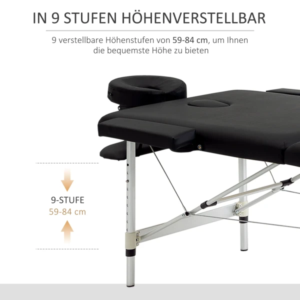 Massagetafel, 2 zones inklapbare massagetafel met kunstleren hoes, hoofdsteun, armleuningen, tas, in hoogte verstelbare massagebank 90cm breed tot 225 kg belastbaar, zwart 5