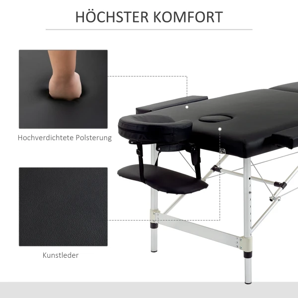 Massagetafel, 2 zones inklapbare massagetafel met kunstleren hoes, hoofdsteun, armleuningen, tas, in hoogte verstelbare massagebank 90cm breed tot 225 kg belastbaar, zwart 7