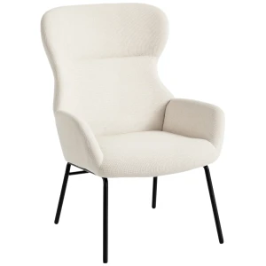 Moderne gestoffeerde stoel in oorfauteuil stijl, hoge rugleuning, dikke bekleding, stalen poten, crèmewit 1