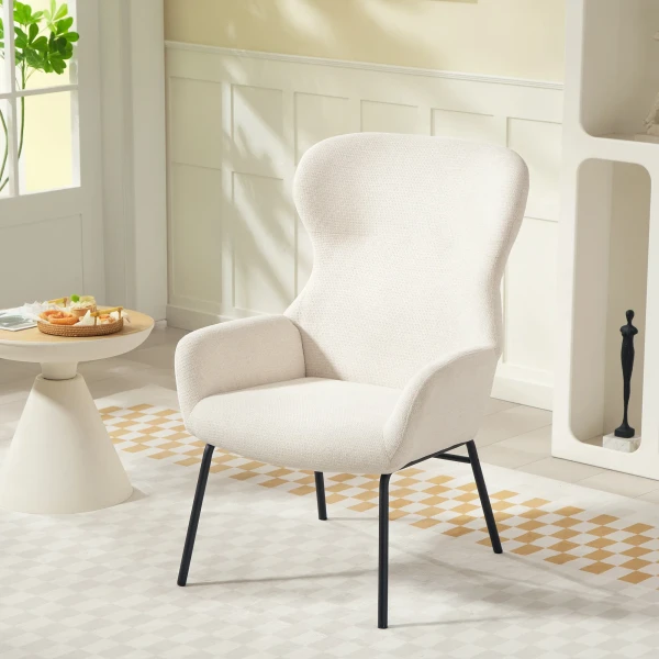 Moderne gestoffeerde stoel in oorfauteuil stijl, hoge rugleuning, dikke bekleding, stalen poten, crèmewit 2