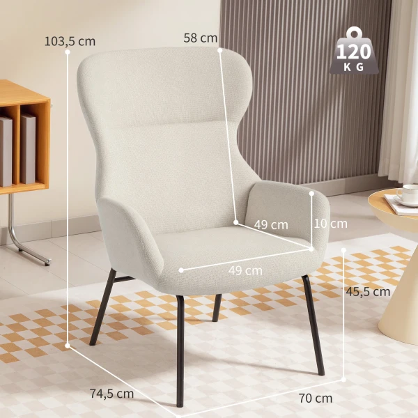 Moderne gestoffeerde stoel in oorfauteuil stijl, hoge rugleuning, dikke bekleding, stalen poten, crèmewit 4