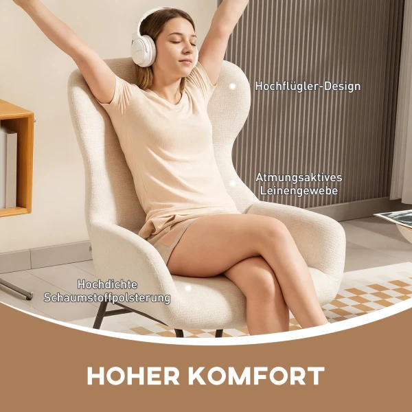 Moderne gestoffeerde stoel in oorfauteuil stijl, hoge rugleuning, dikke bekleding, stalen poten, crèmewit 5