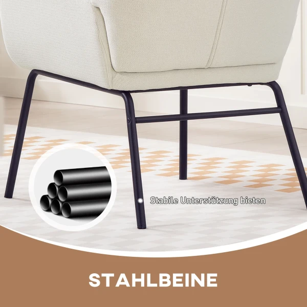 Moderne gestoffeerde stoel in oorfauteuil stijl, hoge rugleuning, dikke bekleding, stalen poten, crèmewit 6