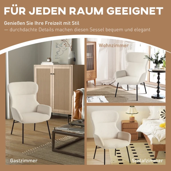 Moderne gestoffeerde stoel in oorfauteuil stijl, hoge rugleuning, dikke bekleding, stalen poten, crèmewit 7
