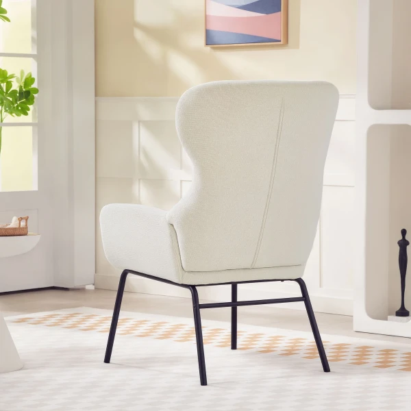 Moderne gestoffeerde stoel in oorfauteuil stijl, hoge rugleuning, dikke bekleding, stalen poten, crèmewit 8