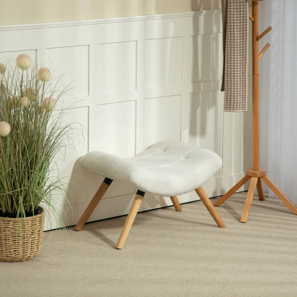 Moderne voetenbank met fleece hoes en houten poten, gestoffeerd, voor woonkamer, slaapkamer, gang, crèmewit 2