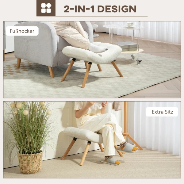 Moderne voetenbank met fleece hoes en houten poten, gestoffeerd, voor woonkamer, slaapkamer, gang, crèmewit 6