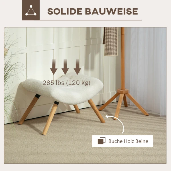 Moderne voetenbank met fleece hoes en houten poten, gestoffeerd, voor woonkamer, slaapkamer, gang, crèmewit 8