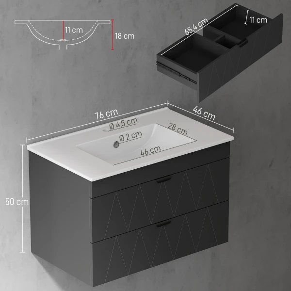 Onderkast voor wastafel hangende onderkast met keramisch wastafel soft close laden zwart 4