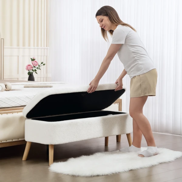 Opbergkruk, zitkruk met 65 l opbergruimte, voetenbank, vliesstof, rubberhout, schuim, 120 x 42 x 45 cm, crèmewit 10