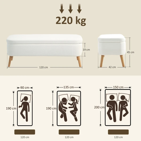 Opbergkruk, zitkruk met 65 l opbergruimte, voetenbank, vliesstof, rubberhout, schuim, 120 x 42 x 45 cm, crèmewit 4