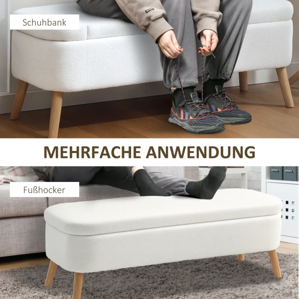 Opbergkruk, zitkruk met 65 l opbergruimte, voetenbank, vliesstof, rubberhout, schuim, 120 x 42 x 45 cm, crèmewit 7