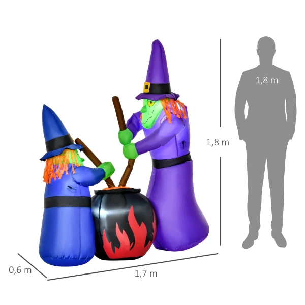 Opblaasbare heksen heksenketel figuur luchtfiguur halloween decoratie met led verlichting, polyester, 170x60x180cm 4
