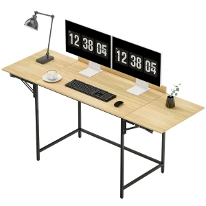 Opklapbare computertafel met 2 uitschuifbare platen, veel ruimte voor monitoren, metalen poten, robuuste constructie, eiken+zwart 1