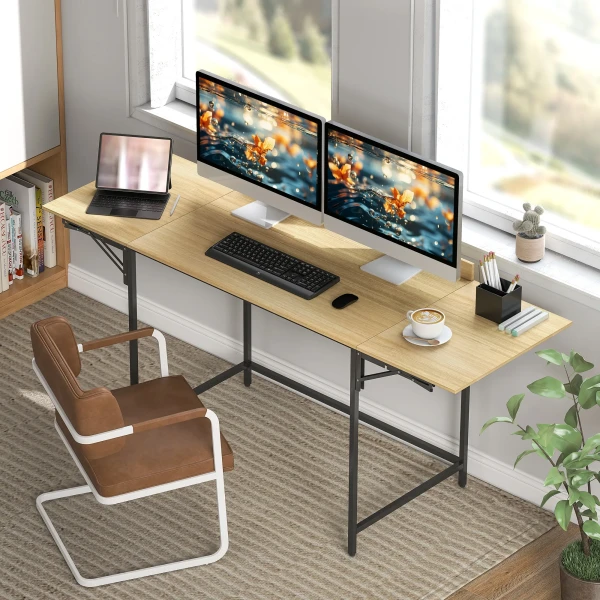 Opklapbare computertafel met 2 uitschuifbare platen, veel ruimte voor monitoren, metalen poten, robuuste constructie, eiken+zwart 2