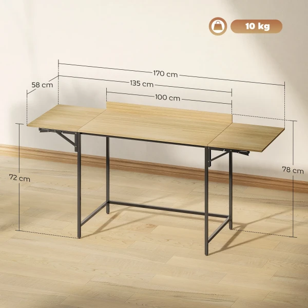 Opklapbare computertafel met 2 uitschuifbare platen, veel ruimte voor monitoren, metalen poten, robuuste constructie, eiken+zwart 4