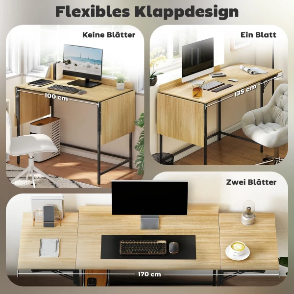 Opklapbare computertafel met 2 uitschuifbare platen, veel ruimte voor monitoren, metalen poten, robuuste constructie, eiken+zwart 5