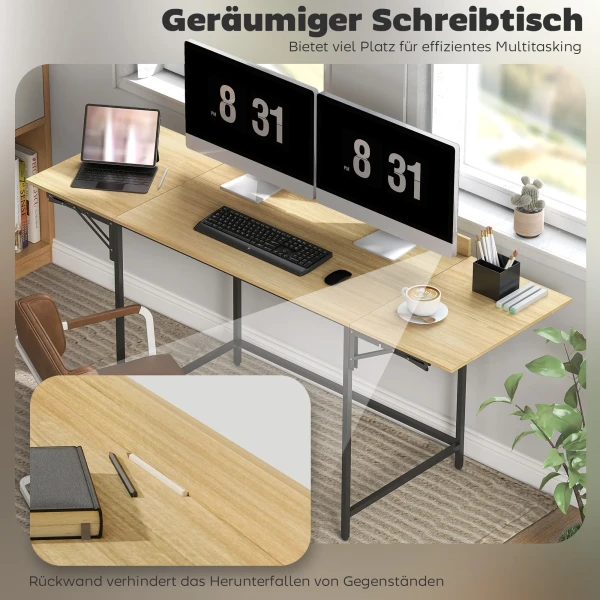 Opklapbare computertafel met 2 uitschuifbare platen, veel ruimte voor monitoren, metalen poten, robuuste constructie, eiken+zwart 6