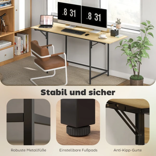 Opklapbare computertafel met 2 uitschuifbare platen, veel ruimte voor monitoren, metalen poten, robuuste constructie, eiken+zwart 7