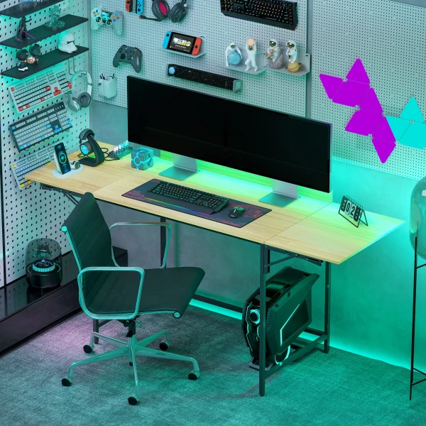 Opklapbare computertafel met 2 uitschuifbare platen, veel ruimte voor monitoren, metalen poten, robuuste constructie, eiken+zwart 8