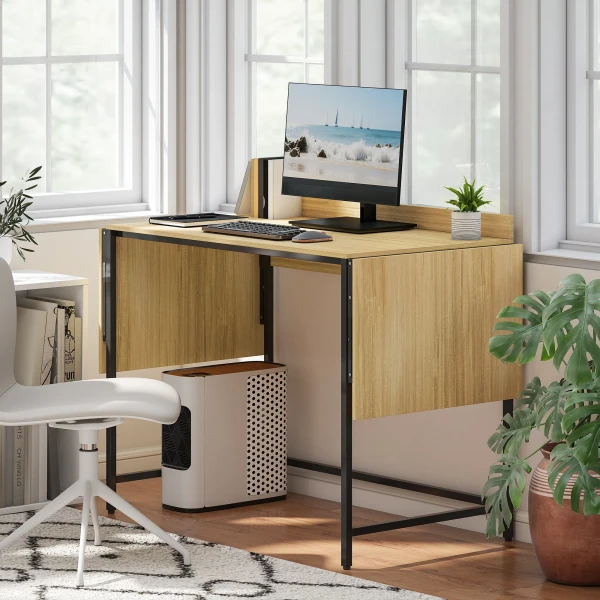 Opklapbare computertafel met 2 uitschuifbare platen, veel ruimte voor monitoren, metalen poten, robuuste constructie, eiken+zwart 9