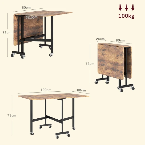 Opklapbare eettafel, geschikt voor maximaal 6 personen, met 6 wielen en remmen, voor kleine ruimtes, bruin 4