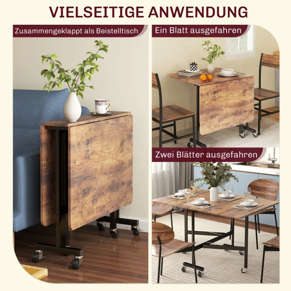 Opklapbare eettafel, geschikt voor maximaal 6 personen, met 6 wielen en remmen, voor kleine ruimtes, bruin 5