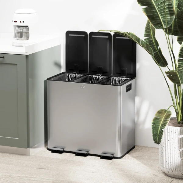 Prullenbak met 3 x 20 l compartimenten, deodorant deksel, vingerafdrukbestendig, soft close, verwijderbaar, zilver 10
