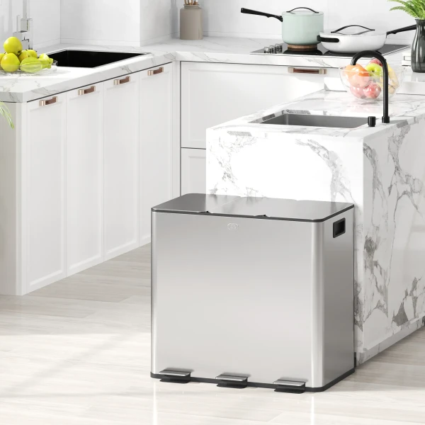 Prullenbak met 3 x 20 l compartimenten, deodorant deksel, vingerafdrukbestendig, soft close, verwijderbaar, zilver 2