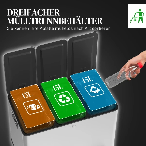 Prullenbak met 3 x 20 l compartimenten, deodorant deksel, vingerafdrukbestendig, soft close, verwijderbaar, zilver 5