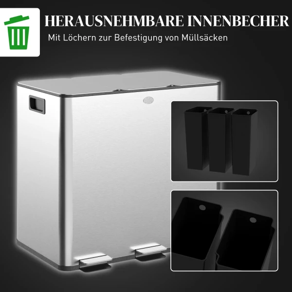 Prullenbak met 3 x 20 l compartimenten, deodorant deksel, vingerafdrukbestendig, soft close, verwijderbaar, zilver 8