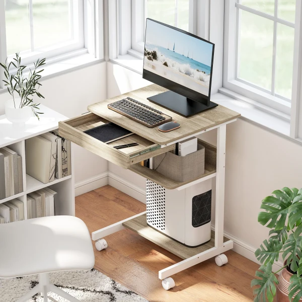 Rolbureau met lade en planken, 4 wielen, compact, spaanplaat, metaal 2