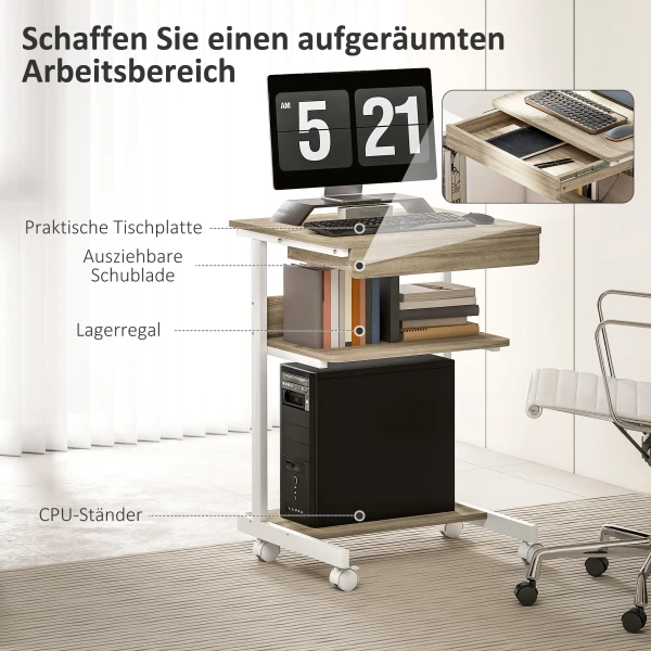 Rolbureau met lade en planken, 4 wielen, compact, spaanplaat, metaal 5