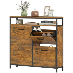 Schoenenkast met 4 kantelbare laden, slank ontwerp, open rek, voor 12 20 paar schoenen, staal, bruin 1