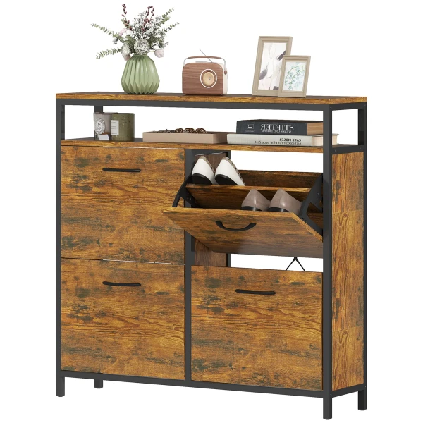Schoenenkast met 4 kantelbare laden, slank ontwerp, open rek, voor 12 20 paar schoenen, staal, bruin 1