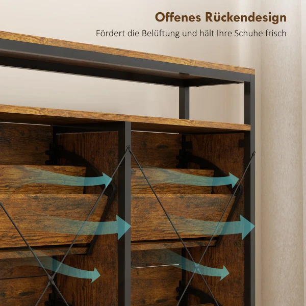 Schoenenkast met 4 kantelbare laden, slank ontwerp, open rek, voor 12 20 paar schoenen, staal, bruin 10