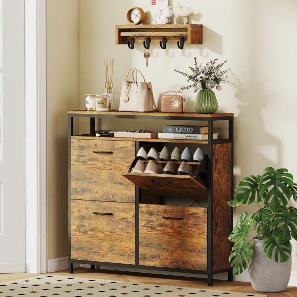 Schoenenkast met 4 kantelbare laden, slank ontwerp, open rek, voor 12 20 paar schoenen, staal, bruin 2