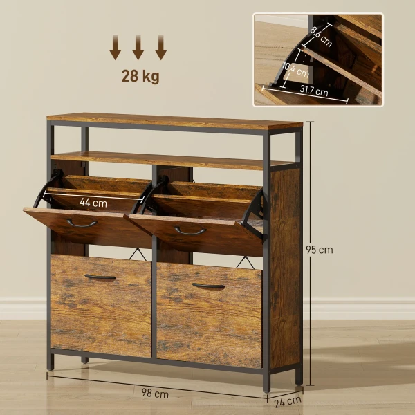 Schoenenkast met 4 kantelbare laden, slank ontwerp, open rek, voor 12 20 paar schoenen, staal, bruin 4