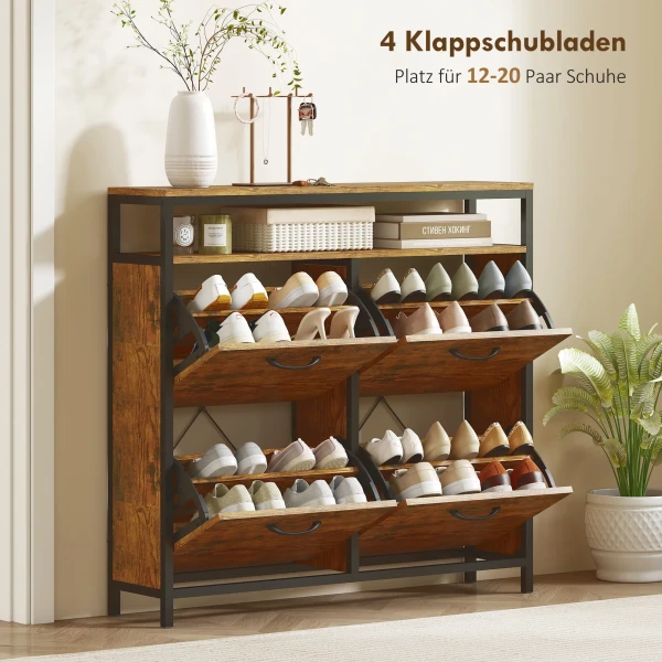 Schoenenkast met 4 kantelbare laden, slank ontwerp, open rek, voor 12 20 paar schoenen, staal, bruin 5