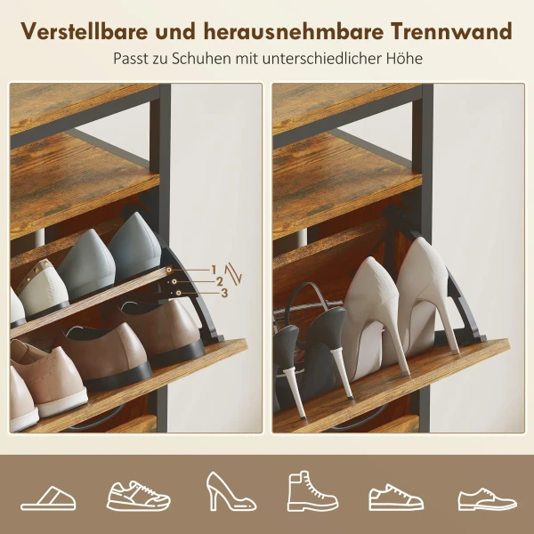 Schoenenkast met 4 kantelbare laden, slank ontwerp, open rek, voor 12 20 paar schoenen, staal, bruin 7
