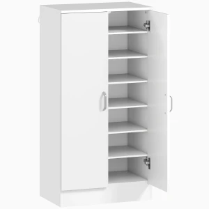 Schoenenkast met soft close scharnieren, verstelbare planken, 6 laags schoenenrek voor hal, entree, voor 14 paar, 55 x 35 x 108 cm, hout, wit 1