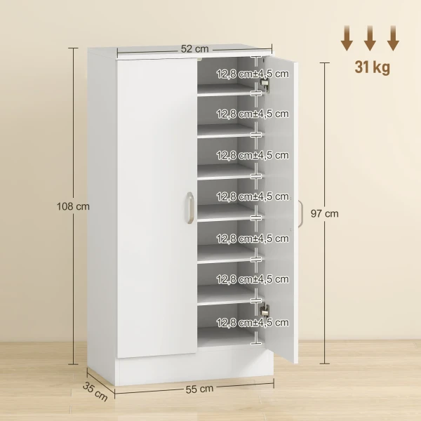 Schoenenkast met soft close scharnieren, verstelbare planken, 6 laags schoenenrek voor hal, entree, voor 14 paar, 55 x 35 x 108 cm, hout, wit 4